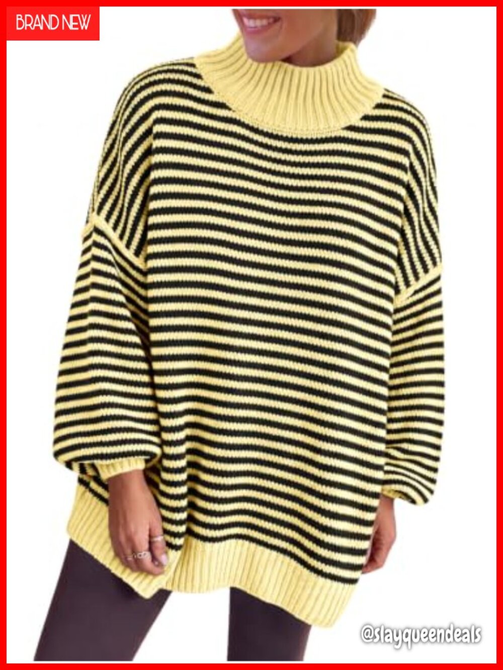 Women's Oversized Striped Chunky Sweater Mock Neck Tunic Knit Top